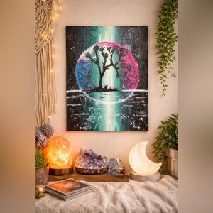 ✨ Cosmic Tree Moon Painting – Blue & Pink Dreamscape Wall Art ✨